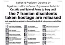 “Obama deve tagliare gli aiuti all’Iraq fino a che il 7 ostaggi di Campo Ashraf ( dissidenti iraniani ) non saranno liberati”, chiedono alcuni politici americani dalle pagine del NY Times