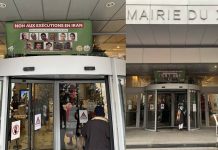 Parigi 17 ° Arrondissement Municipio installa striscione di protesta contro le esecuzioni in Iran